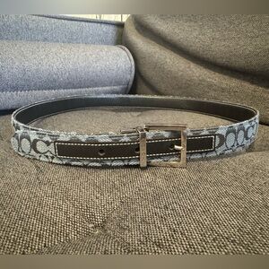 Coach Navy and Light Blue Monogram Belt with Silver Buckle